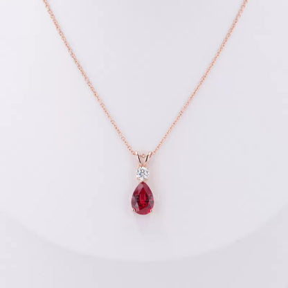 Pear Cut Red Rudy Drop Dazzling Necklace With Round Moissanite