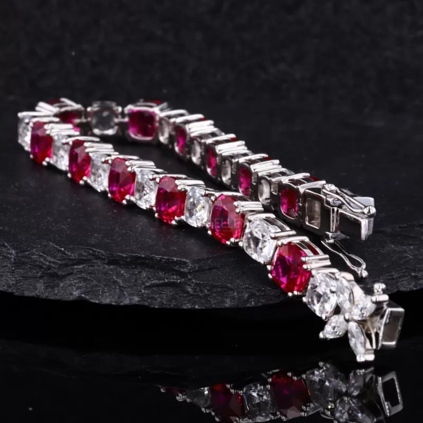 Cushion Cut Ruby & Moissanite Alternating Tennis Bracelet with Lock