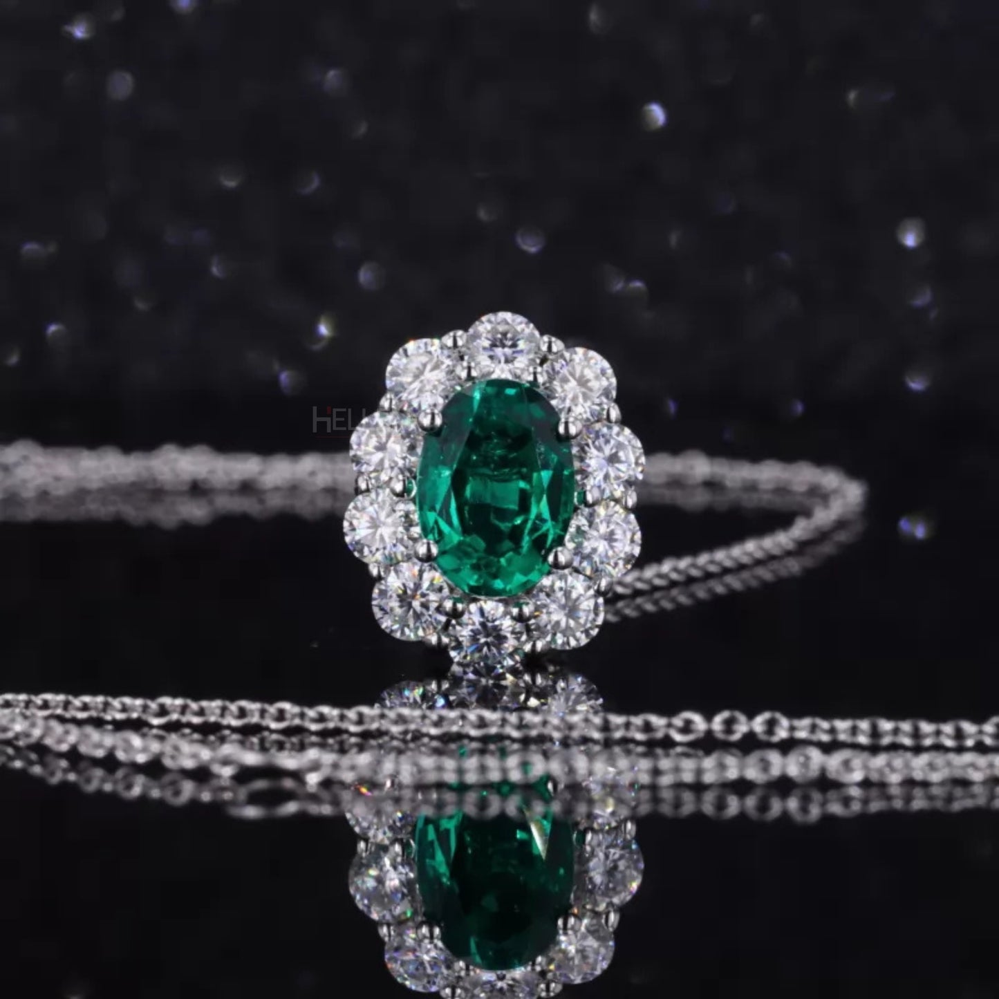 Iconic Oval Emerald Halo Necklace with Round Moissanite