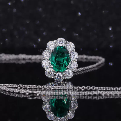Iconic Oval Emerald Halo Necklace with Round Moissanite