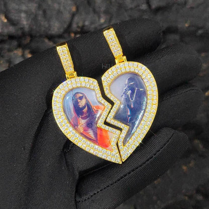 Customized 2 Half Heart Memory Pendent With Moissanite Space For 2 Pendants