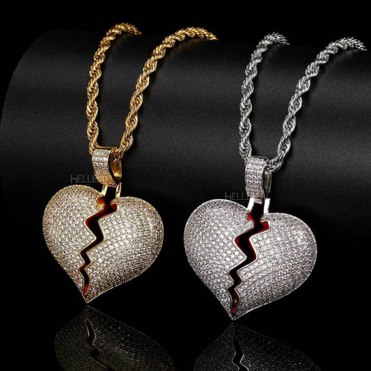 Broken heart iced-out pendant with moissanite – emotional statement piece for hip-hop lovers

