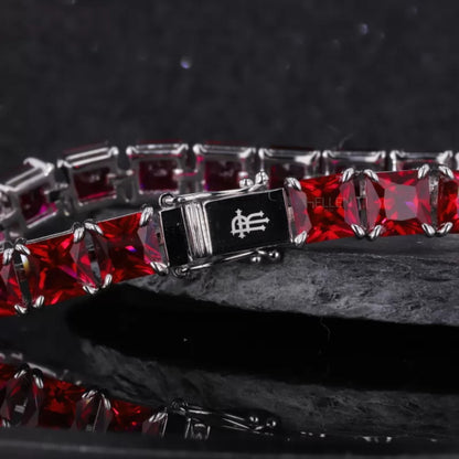 Red Ruby Gemstone Asscher Cut Claw Prong Tennis Bracelet