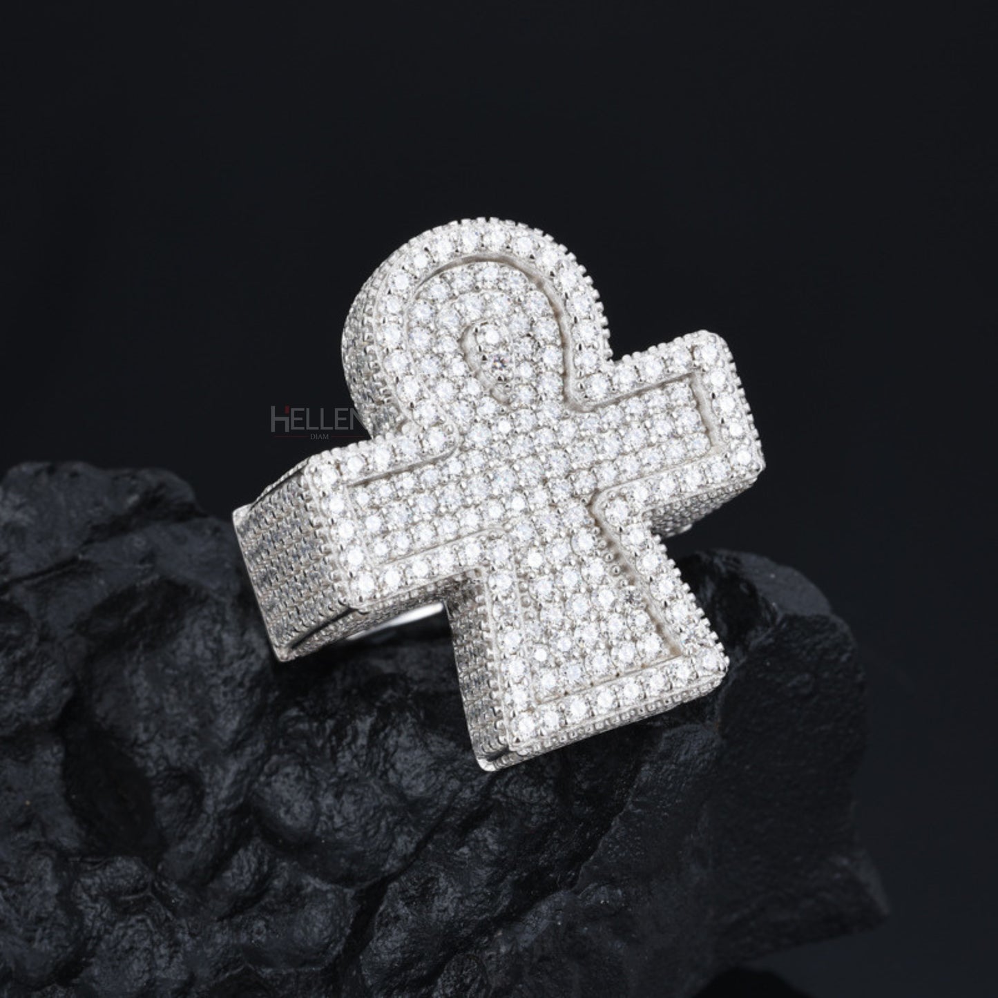 Ankh symbol halo ring with round cut moissanite – iced-out statement ring for men with deep meaning

