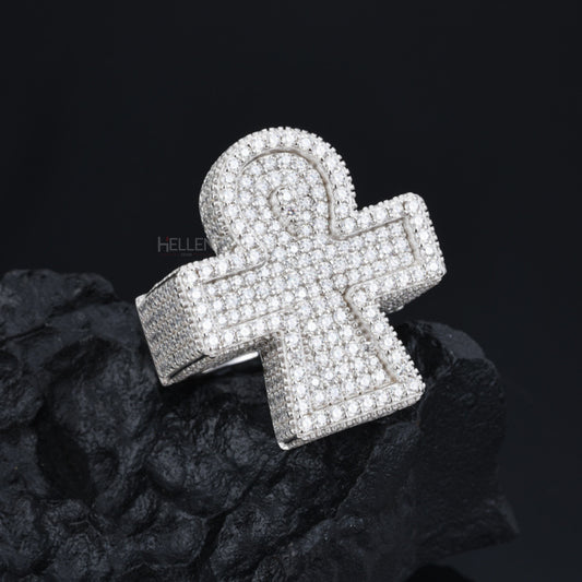 Ankh symbol halo ring with round cut moissanite – iced-out statement ring for men with deep meaning

