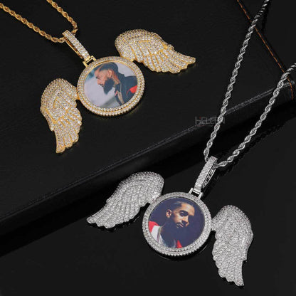 Customized Angel Wings Memory Pendent With Round Cut Moissanite