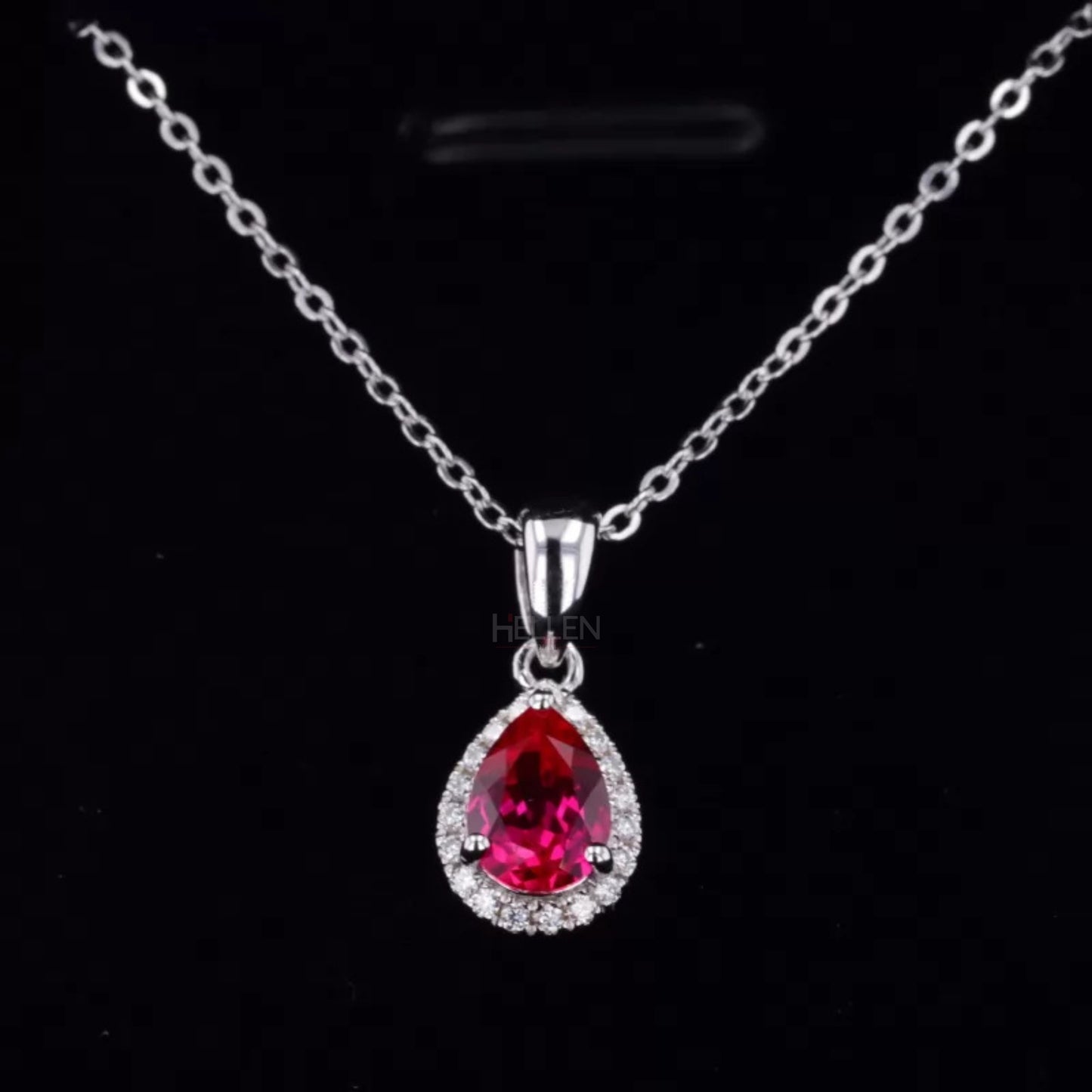 Pink Pear Cut Red Ruby Halo Necklace With Colorless Moissanite