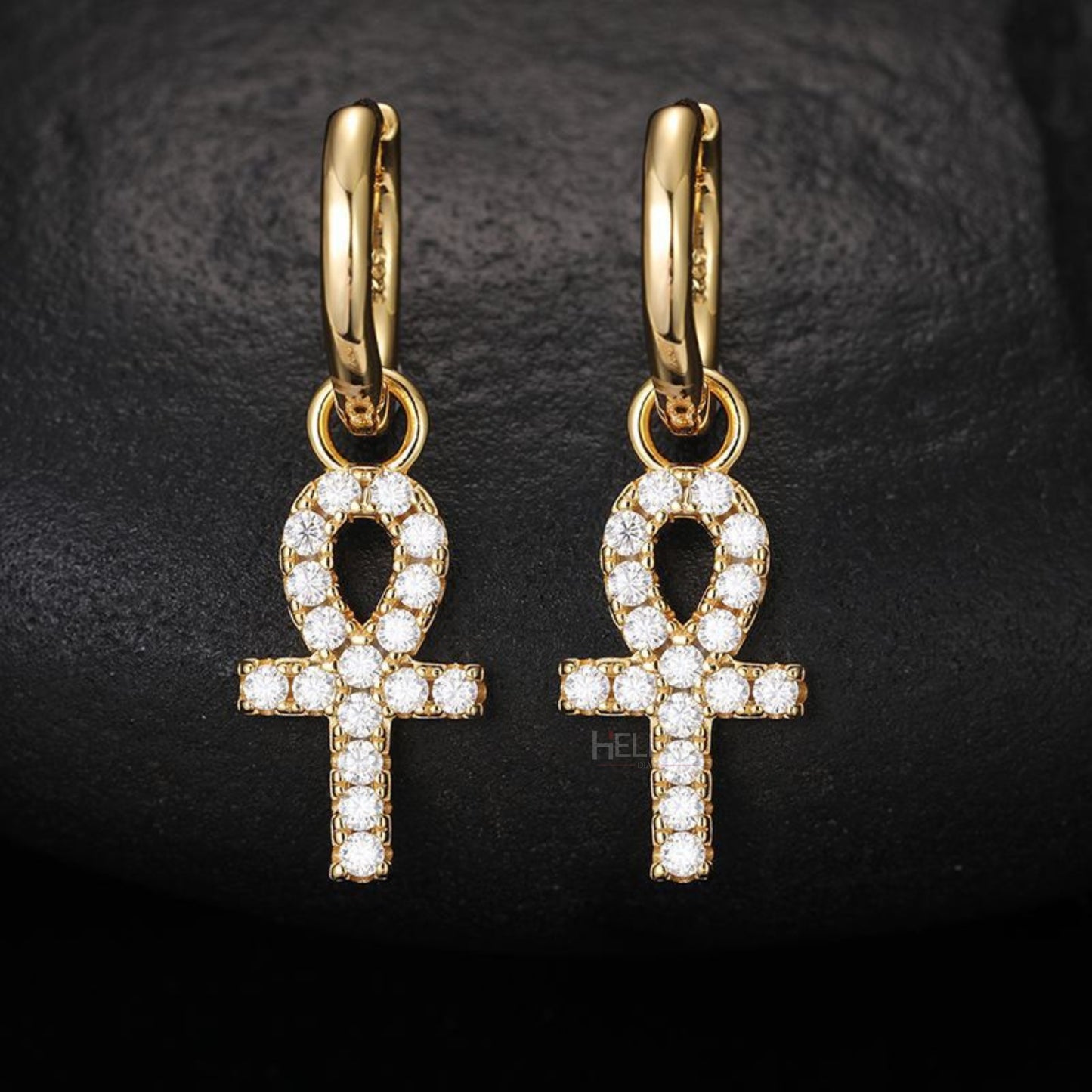 Egyptian Ankh cross dangle earrings with moissanite – spiritual design with urban bling

