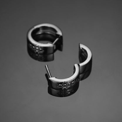 Men's Black Hoops With Cross Black Round Moissanite