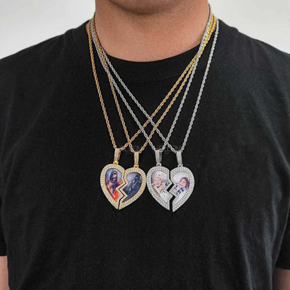 Customized 2 Half Heart Memory Pendent With Moissanite Space For 2 Pendants
