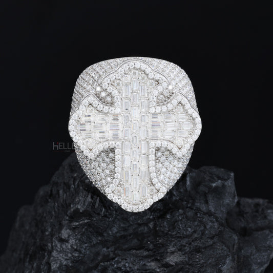 Opulent iced-out cross ring for men with baguette and round moissanite – high-end hip-hop bling

