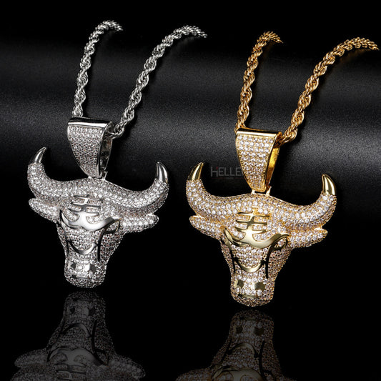 Sterling silver bull head pendant with moissanite studs – bold symbol of power and luxury

