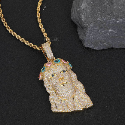 Men's Iced Out Jesus Head Inlaid Gemstone Pendent