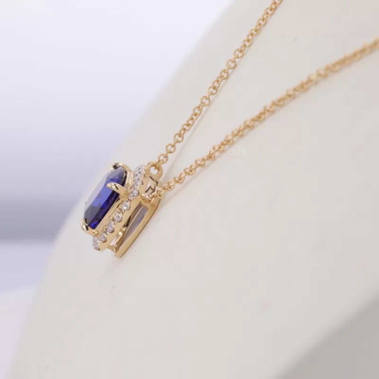 Cushion Cut Blue Sapphire Halo Necklace with Dual Loops & Moissanite