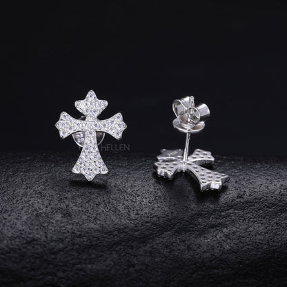 Elegant Round Cut Moissanite Studded Cross Hip-Hop Studs