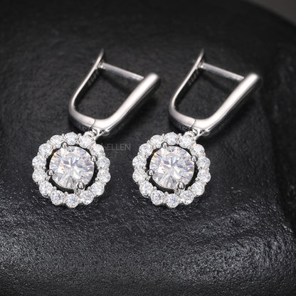Men's Halo Round Cut Moissanite Dangles - Stearling 925