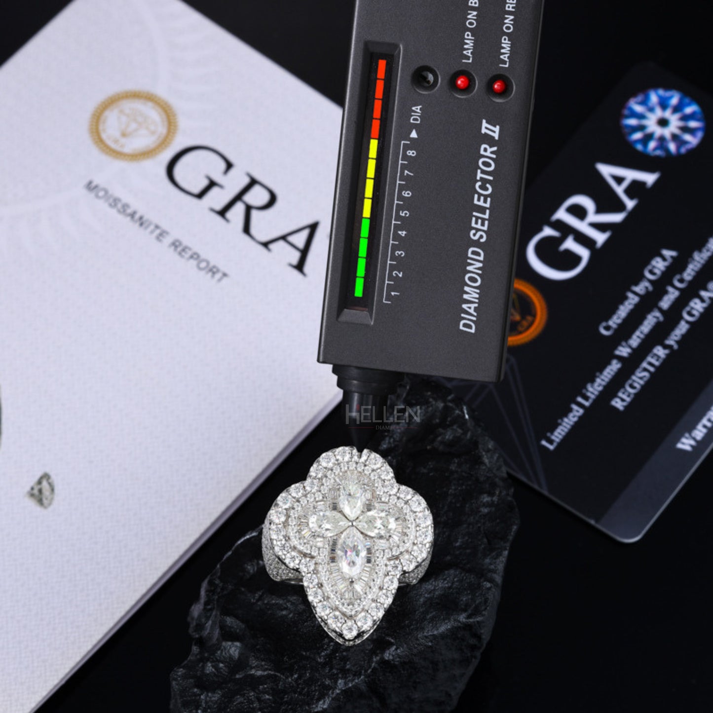 4 Leaf Clover Iced Out Ring With Round, Pear & Baguette Moissanite
