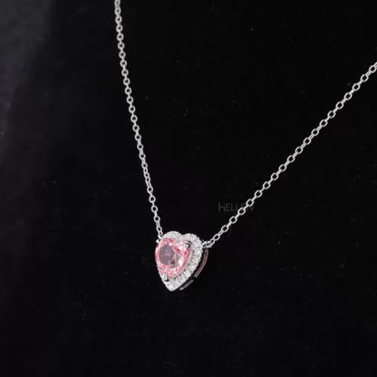 Heart Cut Pink Gemstone With Halo Moissanite Pendant Necklace