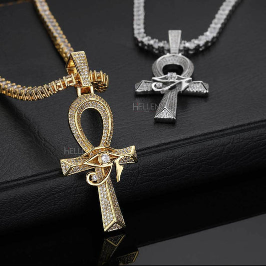 Men’s Egyptian-style Ankh and Eye of God pendant – spiritual hip-hop necklace with moissanite brilliance

