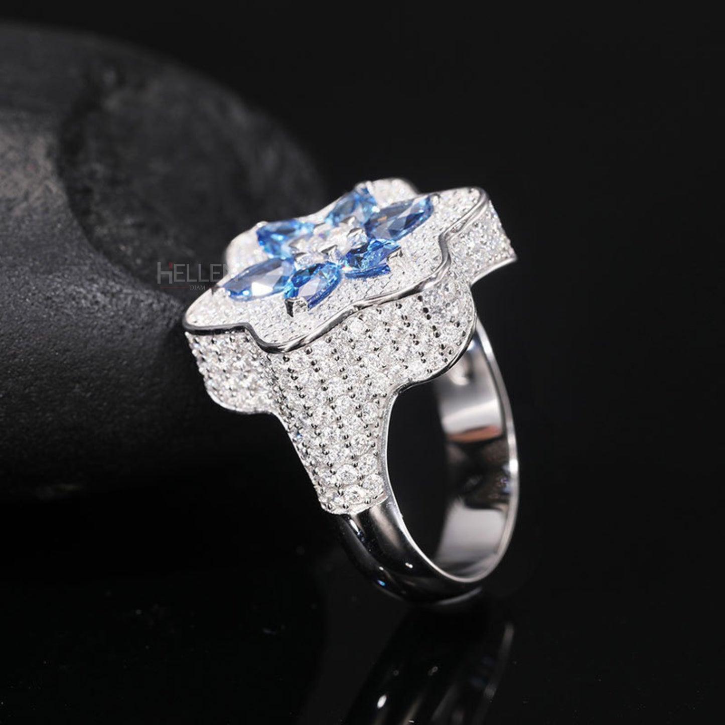 6 Pointed Star Blue Gemstone & VVS Moissanite Bling Ring