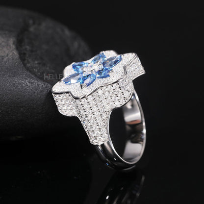 6 Pointed Star Blue Gemstone & VVS Moissanite Bling Ring