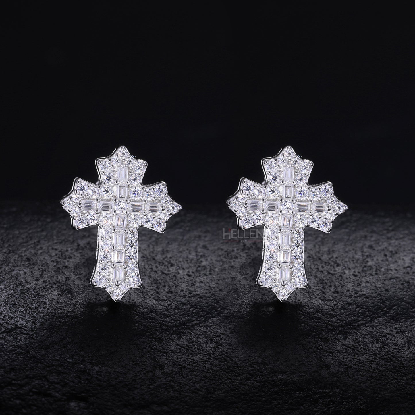 Round And Baguette Moissanite Studded Cross Hip-Hop Studs