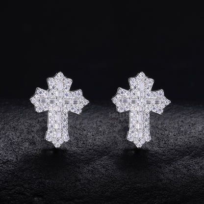 Round And Baguette Moissanite Studded Cross Hip-Hop Studs
