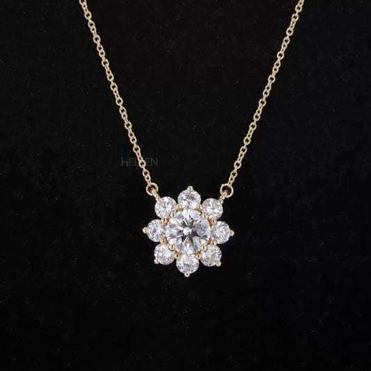 Floral-inspired round cut moissanite solitaire necklace with halo setting – romantic and detailed pendant design