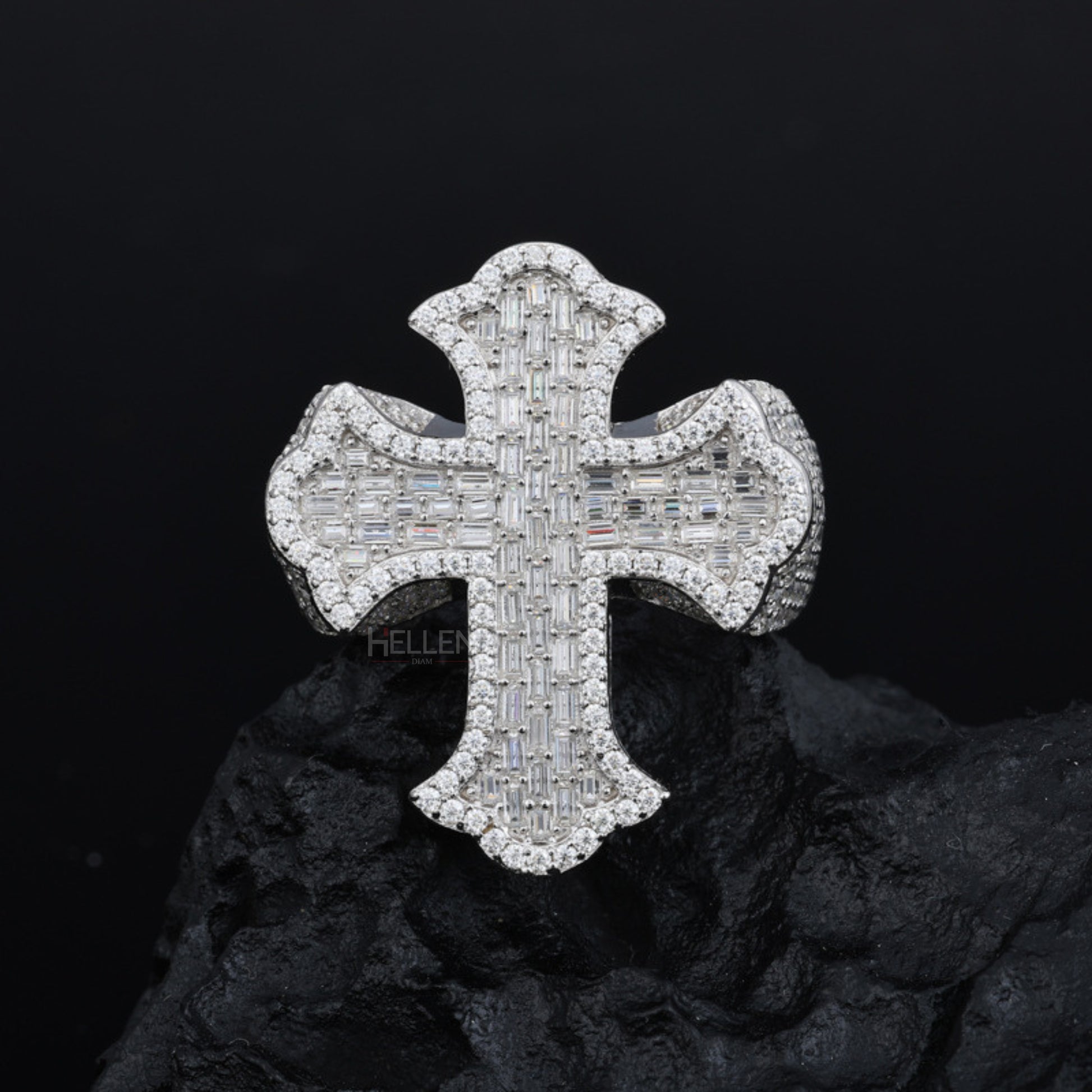 Large cross-shaped hip-hop ring with VVS moissanite – bold streetwear accessory with spiritual edge

