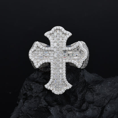 Large cross-shaped hip-hop ring with VVS moissanite – bold streetwear accessory with spiritual edge


