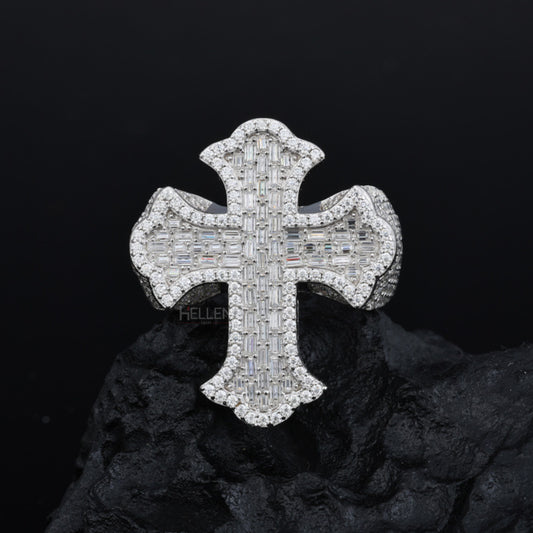 Large cross-shaped hip-hop ring with VVS moissanite – bold streetwear accessory with spiritual edge

