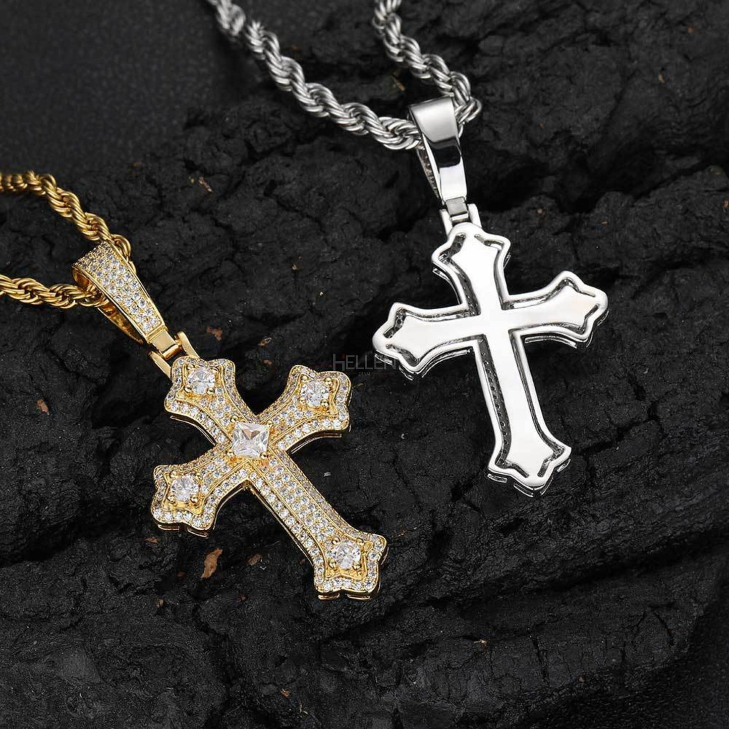 Men's Crossed Round And Princess Cut Moissanite Necklace
