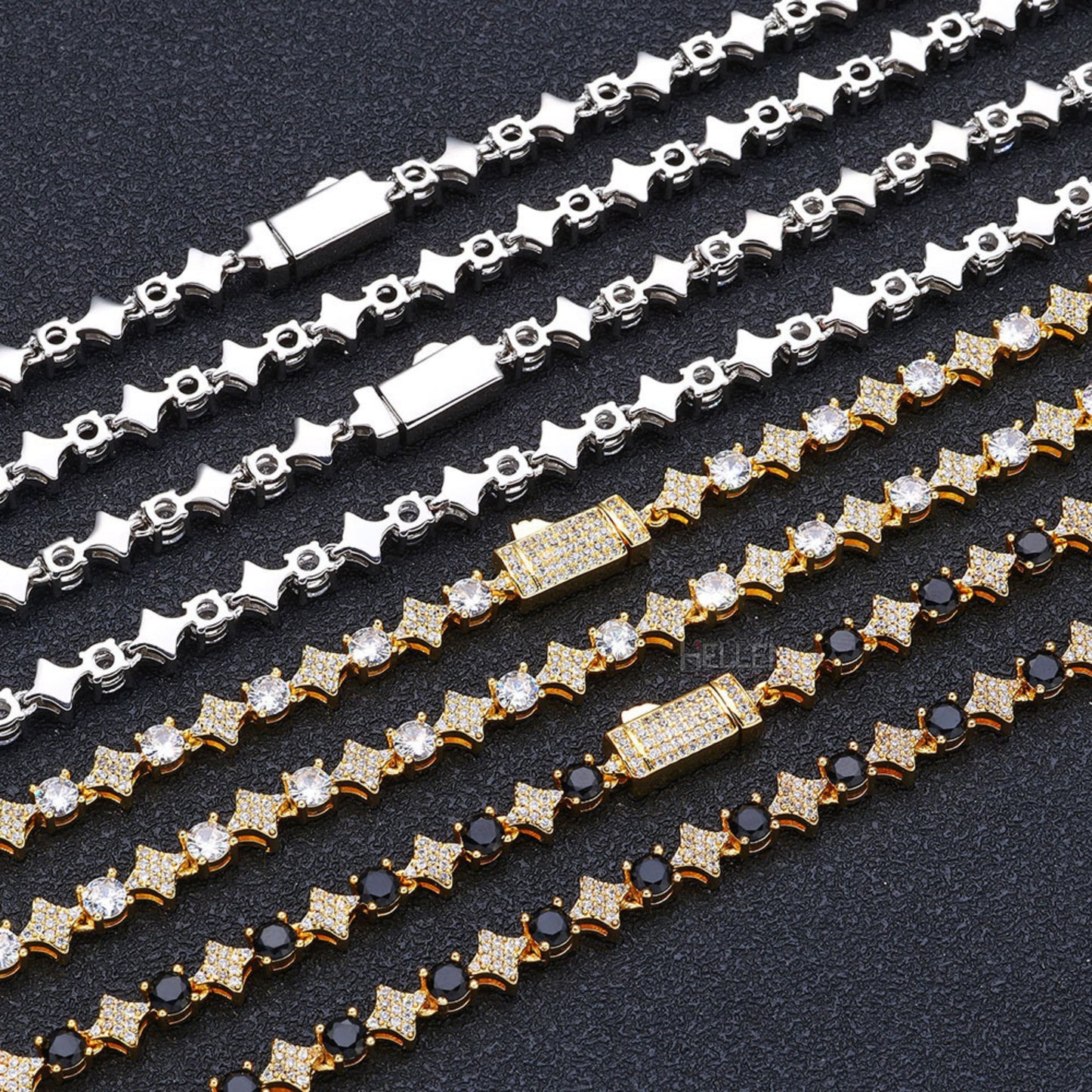 Cluster Pointed Leaf Tennis Chain With Solitaire Black Moissanite