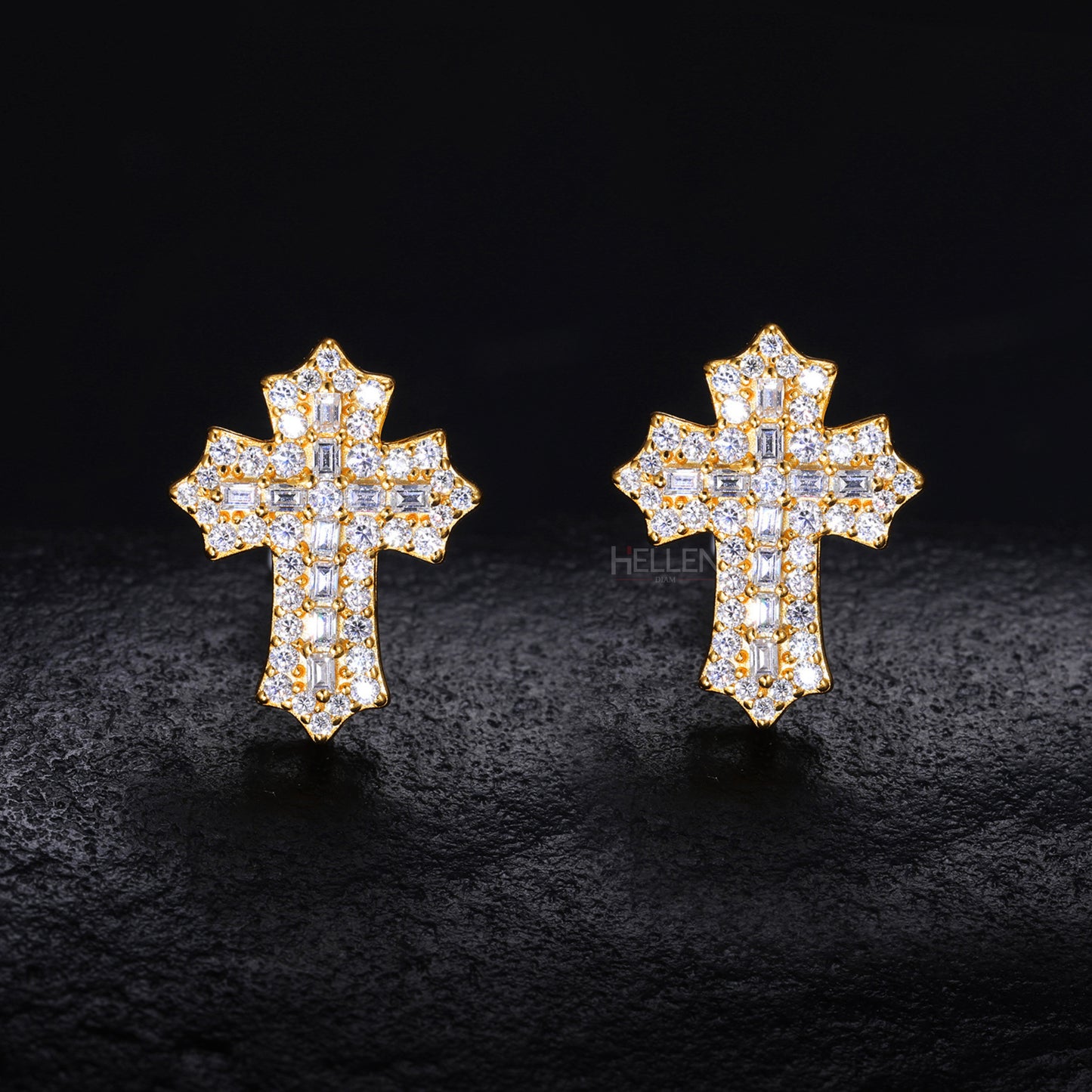 Iced out cross studs with round and baguette moissanite – high-shine statement for urban fashion

