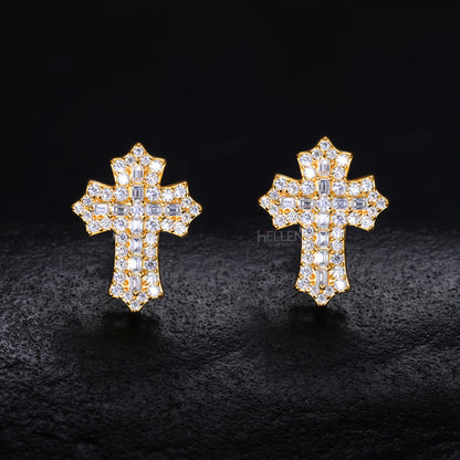 Iced out cross studs with round and baguette moissanite – high-shine statement for urban fashion

