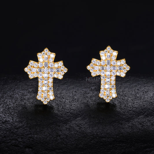 Iced out cross studs with round and baguette moissanite – high-shine statement for urban fashion

