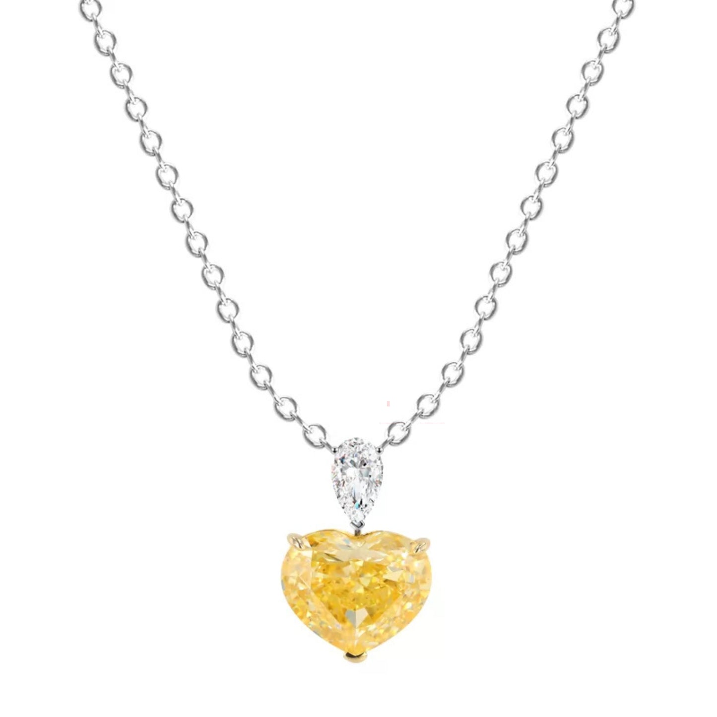 Dual Tone Pear Moissanite & Heart Cut Yellow Sapphire Necklace