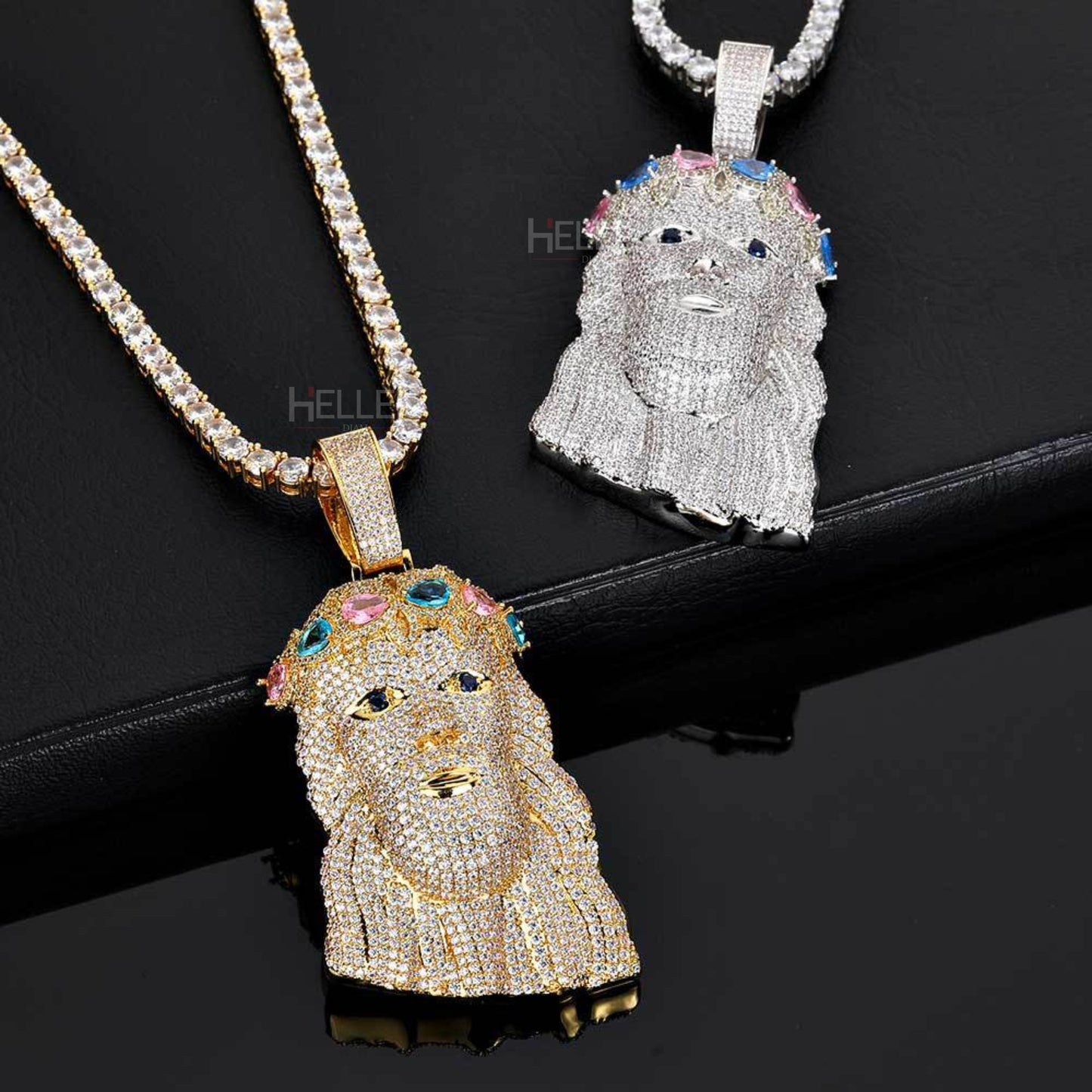Jesus head pendant for men with gemstone inlay and moissanite – bold religious hip-hop style


