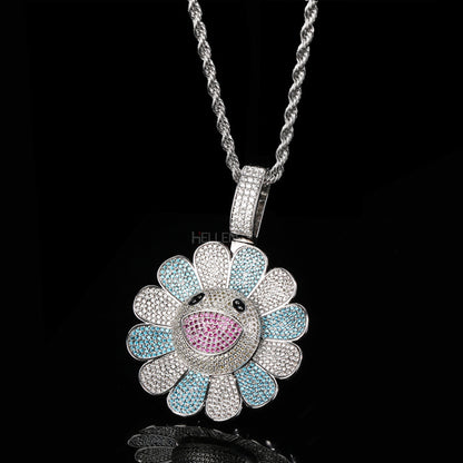 Blooming Spinning Sun Flower Pendant With Mixed Stones