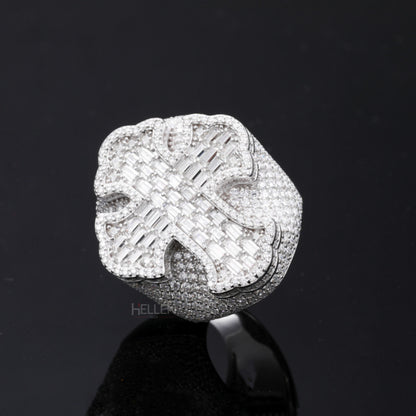 Large Moissanite Opulence Iced Out Cross Ring With Baguette and Round Cut