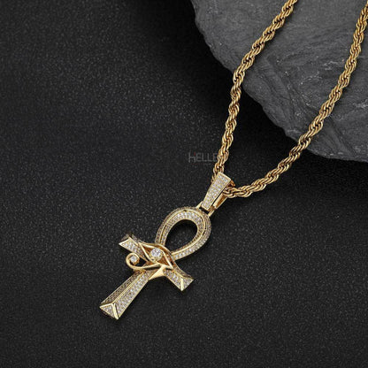 Men's Ankh Cross God Eye Pendant With Round Cut Moissanite