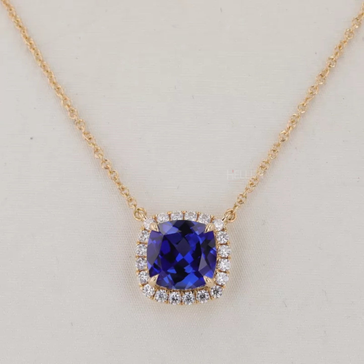 Cushion Cut Blue Sapphire Halo Necklace with Dual Loops & Moissanite