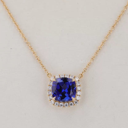Cushion Cut Blue Sapphire Halo Necklace with Dual Loops & Moissanite
