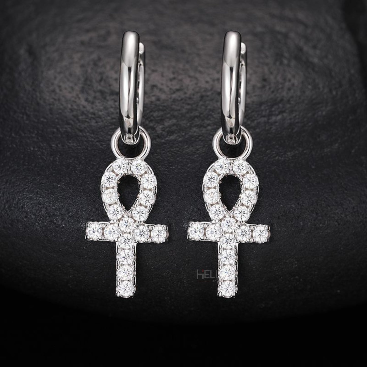 Men's Ankh Cross Dangle Earrings With Round Cut Moissanite