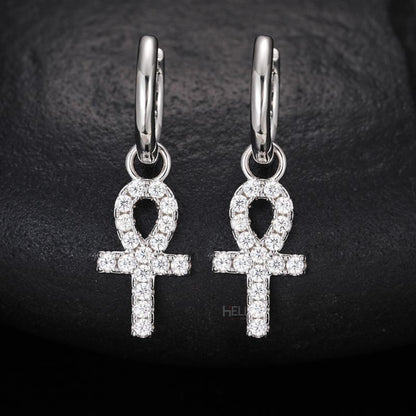Men's Ankh Cross Dangle Earrings With Round Cut Moissanite
