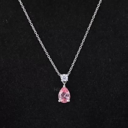 Pink pear cut gemstone and round moissanite drop necklace – feminine and colorful fine jewelry