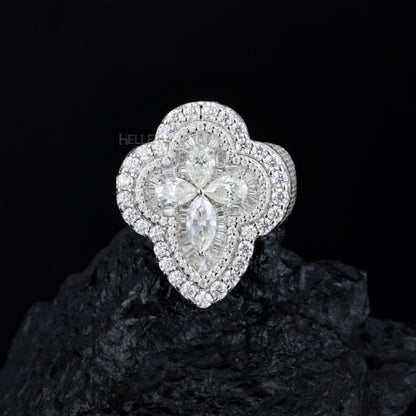 Lucky 4-leaf clover hip-hop ring with moissanite in pear, baguette, and round cuts – rich sparkle

