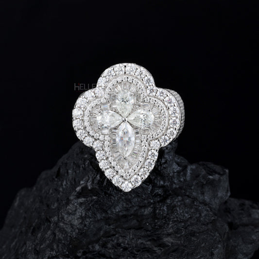 Lucky 4-leaf clover hip-hop ring with moissanite in pear, baguette, and round cuts – rich sparkle

