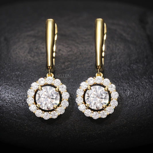 Sterling silver dangle earrings with halo round moissanite – sleek hip-hop sparkle for men

