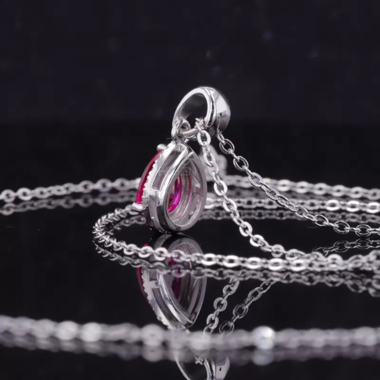Pink Pear Cut Red Ruby Halo Necklace With Colorless Moissanite